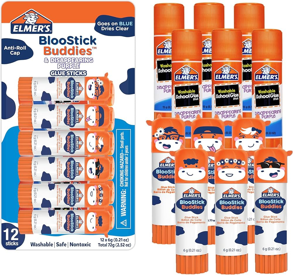 Elmer's Glue Sticks Combo Pack, BlooStick Buddies and Disappearing Purple Glue Sticks, 6g, 12 Cou... | Amazon (US)