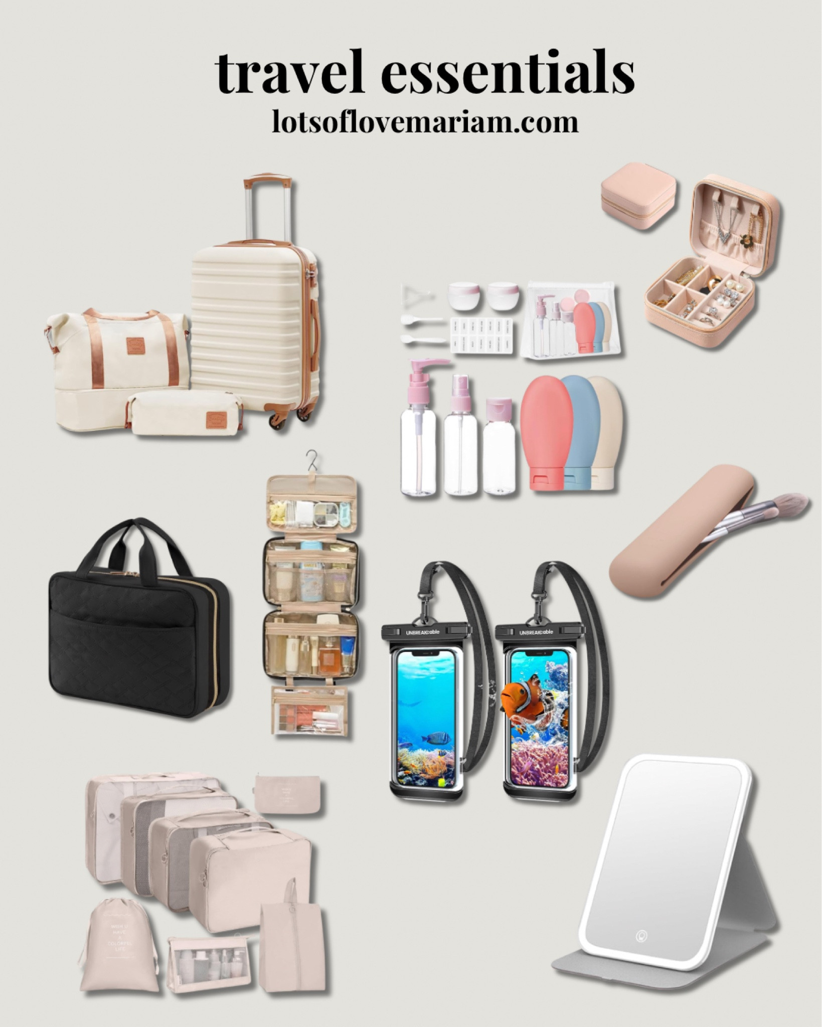 Travel essentials 💕 neutral suitcase, travel toiletry foldable bag, travel make up mirror, make brush travel case, travel bottles for toiletries, waterproof phone case, packing cubes, jewellery box for travel 

#LTKSeasonal #LTKtravel #LTKeurope