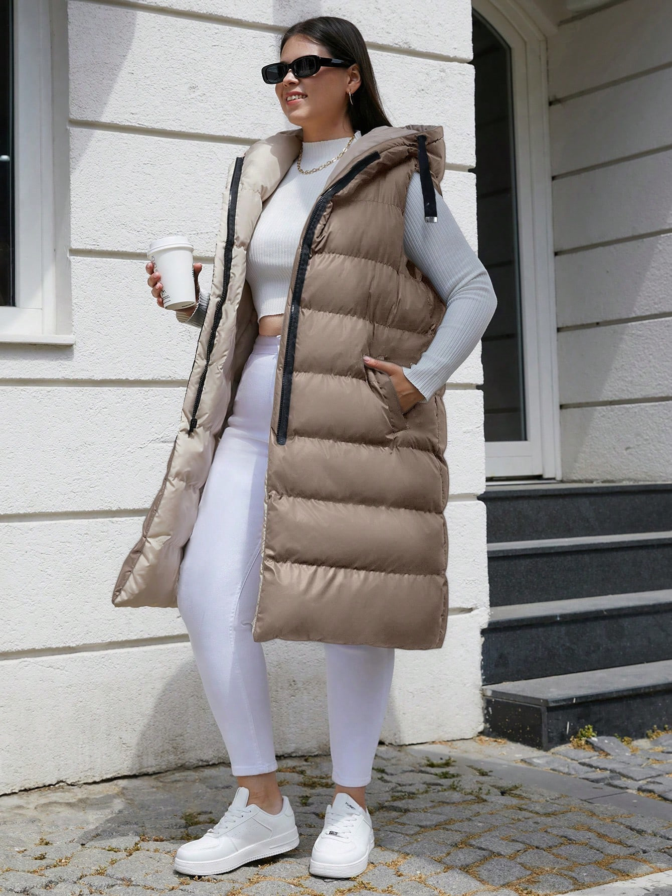 SHEIN Plus Size Zip Up Drawstring Hooded Puffer Vest Coat, For Winter | SHEIN