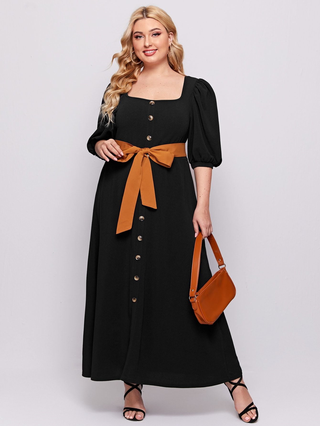 SHEIN Plus Button Front Puff Sleeve Belted Dress | SHEIN