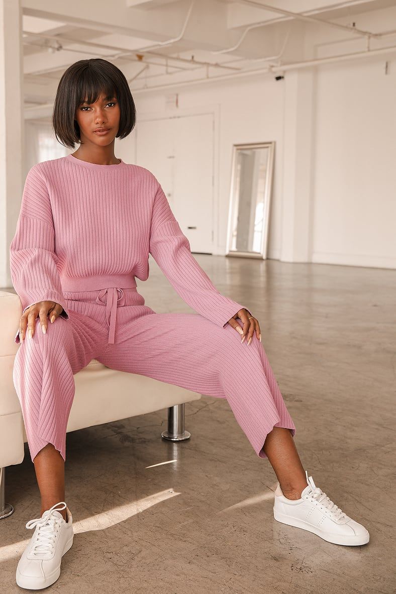 Snuggly Style Mauve Pink Ribbed Knit Wide-Leg Pants | Lulus (US)