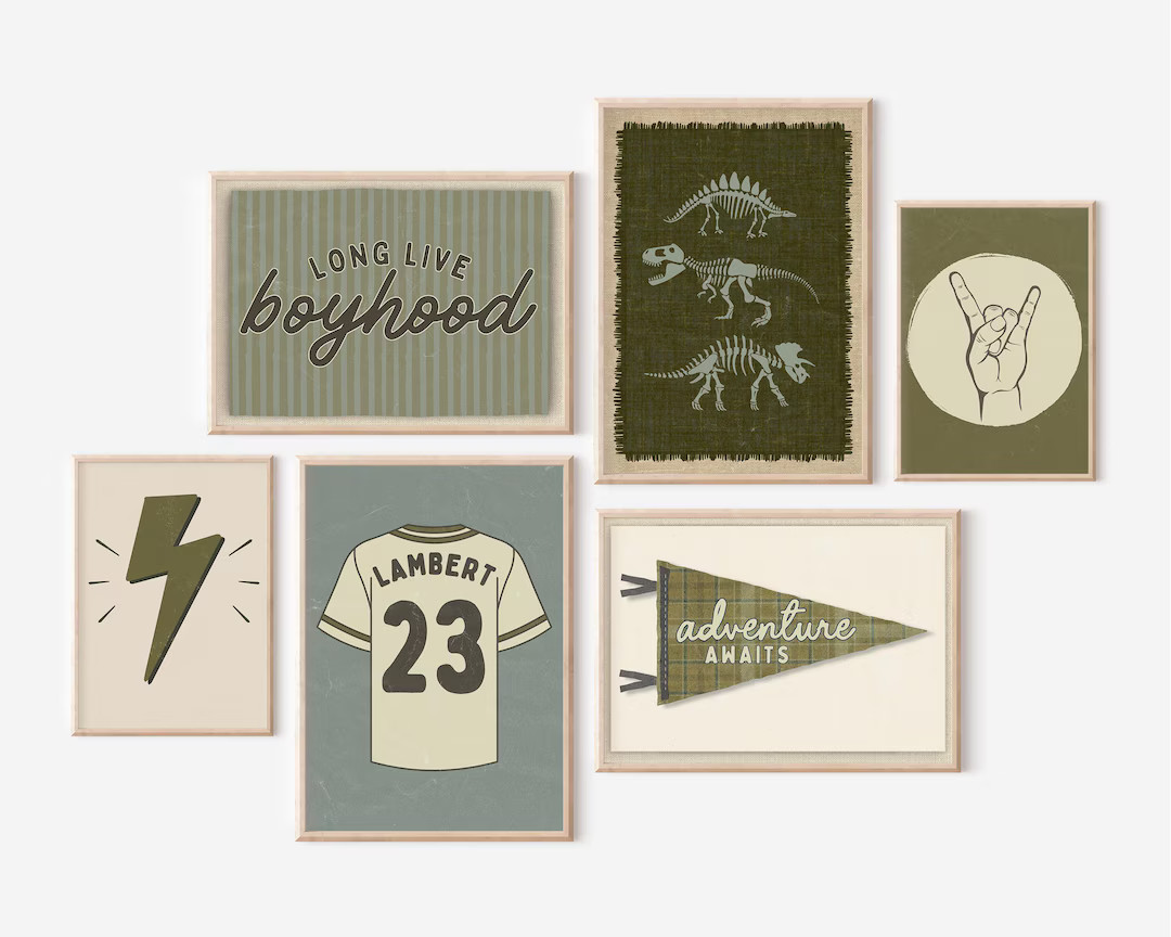Boys Gallery Wall Art Set 6 Dinosaur Poster Adventure Awaits Pennant Flag Long Live Boyhood Retro... | Etsy (US)
