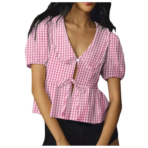 Women Tie Front Top Womens Summer Tops Y2K Bow Tie Front Babydoll V Neck Cute Basic Blouse Puff Short Sleeve Peplum Ruffle Hem Going Out Tops My Recent Orders Placed by Me Pink | Amazon (US)