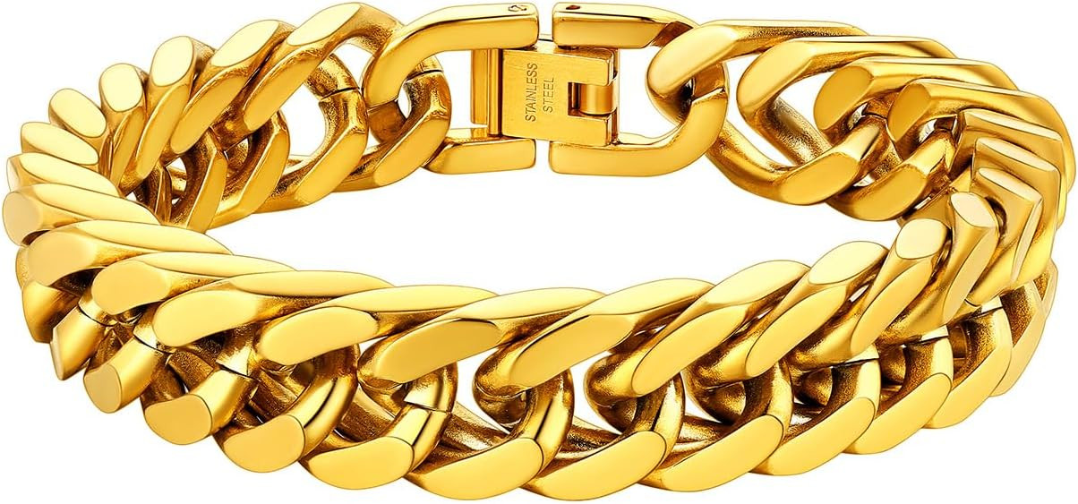 ChainsHouse Stainless Steel Cuban Link Bracelet, 8mm/12mm/17mm Width, 7.5"/8.3"/9", 18K Gold Plat... | Amazon (US)