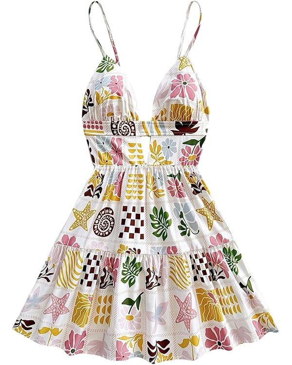 Floerns Women's Boho Floral Print Mini Dresses Cut Out V Neck Tiered Summer Cami Dresses | Amazon (US)