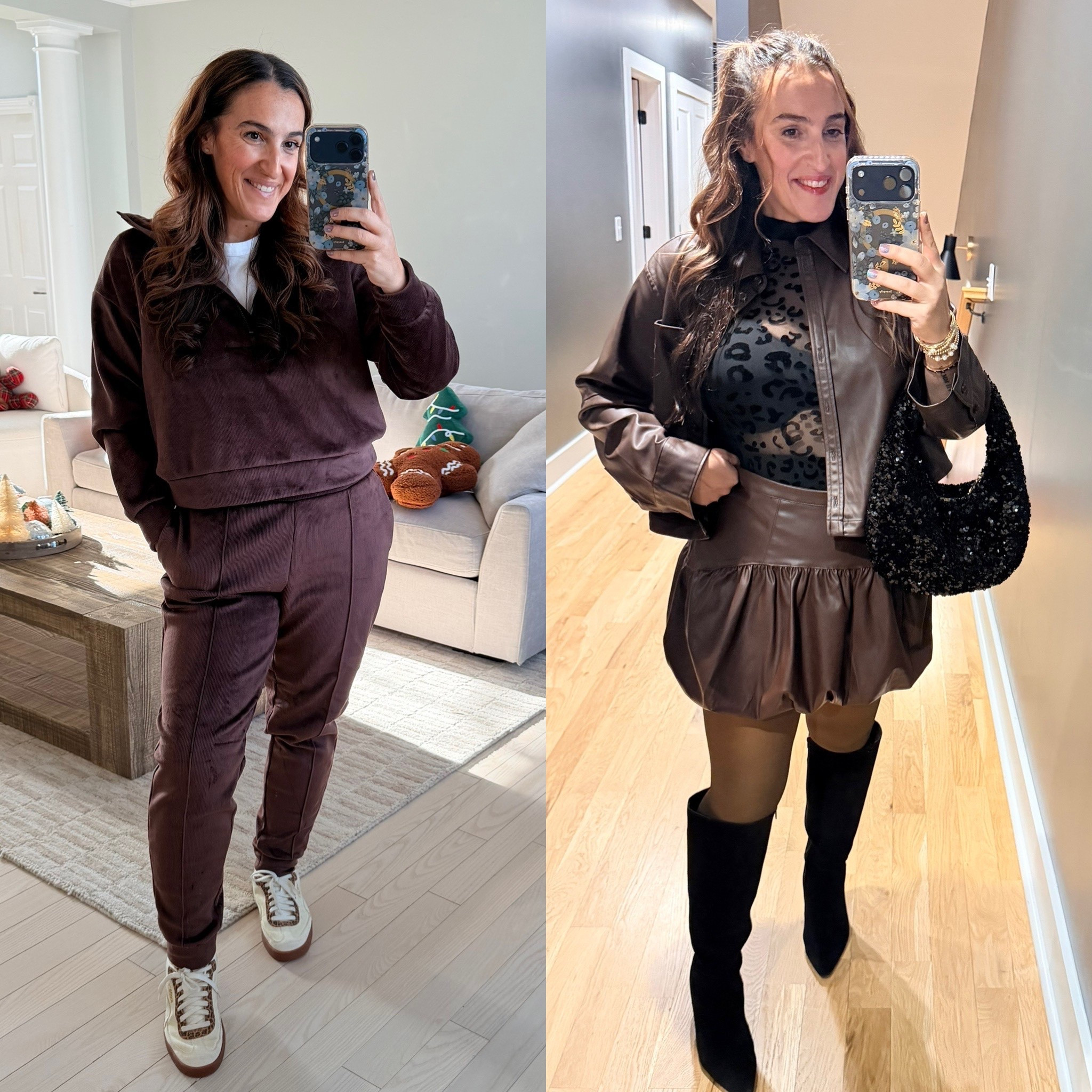 From comfy to going out can’t go wrong In
Chocolate brown!
The velour set is SO warm. Wearing a size medium in it all.
The faux leather is so fun! Also wearing size medium. 

#LTKSeasonal #LTKOver40 #LTKootd
