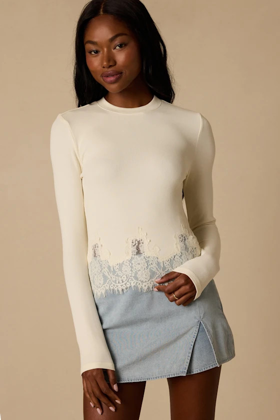 Clarise Ivory Ribbed Knit Lace Long Sleeve Top | Lulus