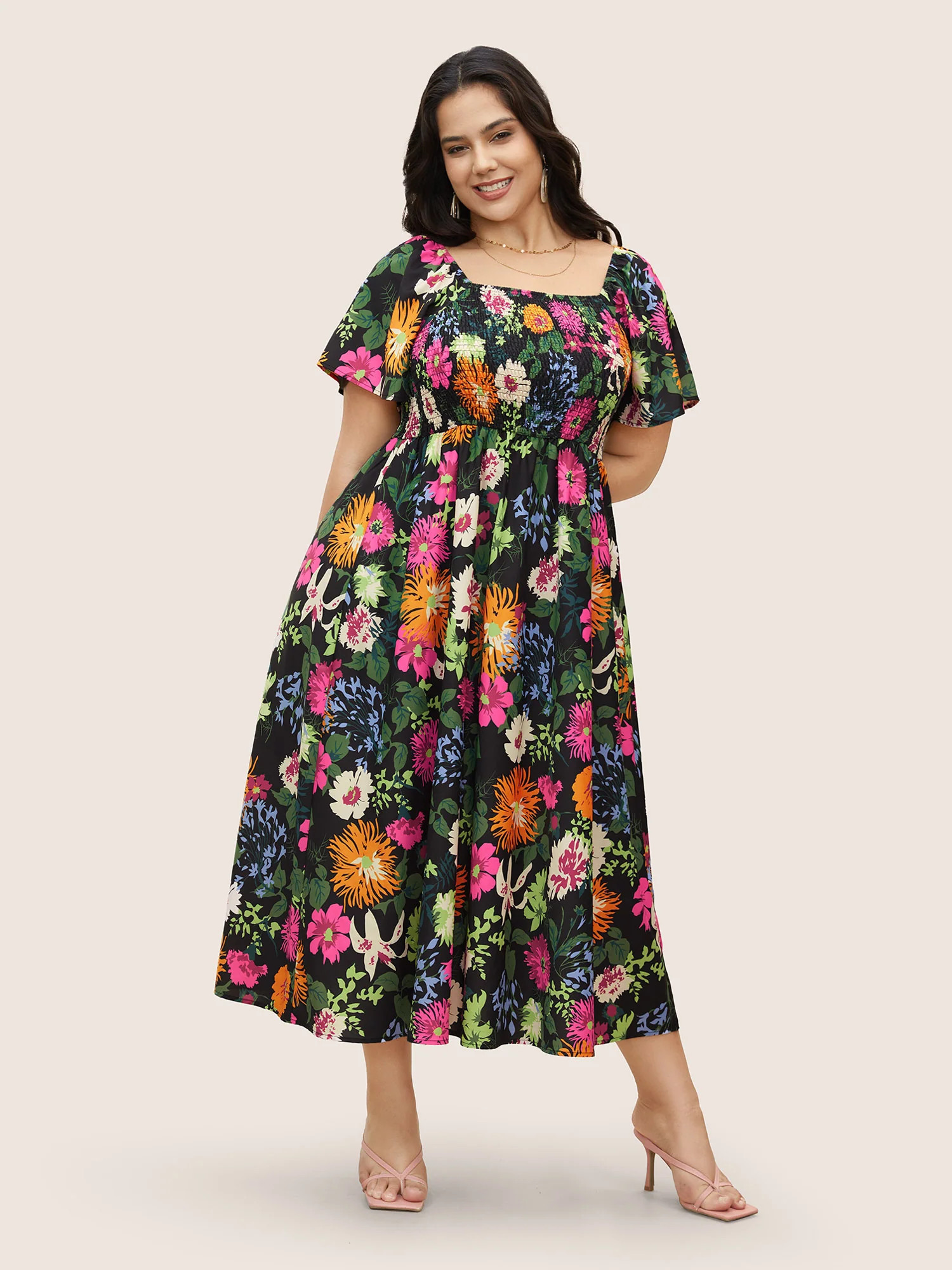 Floral Shirred Square Neck Pocket Midi Dress | Bloomchic