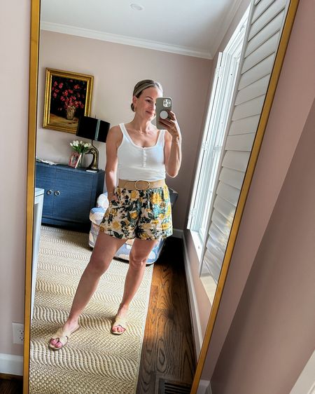 These shorts are comfortable and flattering! I have a size small. They’re also so cute with a coordinating yellow sweater  

#LTKSummerSales #LTKOver40