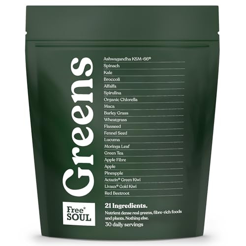Free Soul Greens | 21 Advanced Greens, Superfoods, and Adaptogens Including KSM-66 Ashwagandha, Vegan & Gluten-Free, Advanced Natural Formula | UK Made | 30 Servings | Original Flavour | Amazon (UK)