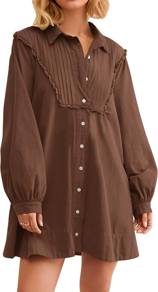 MISSACTIVER Women Flowy Button Down Mini Dress V Neck Puff Long Sleeve Shirt Dress Casual A-line ... | Amazon (US)