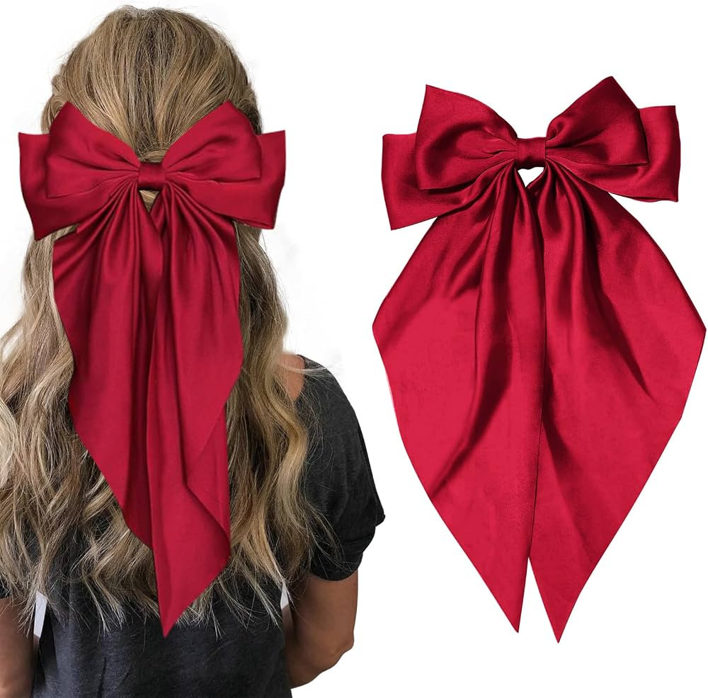 Hair Bows for Women Girls,Red Silky Satin Hair Barrettes with Long Ribbon Tail Big French Cute Ha... | Amazon (US)