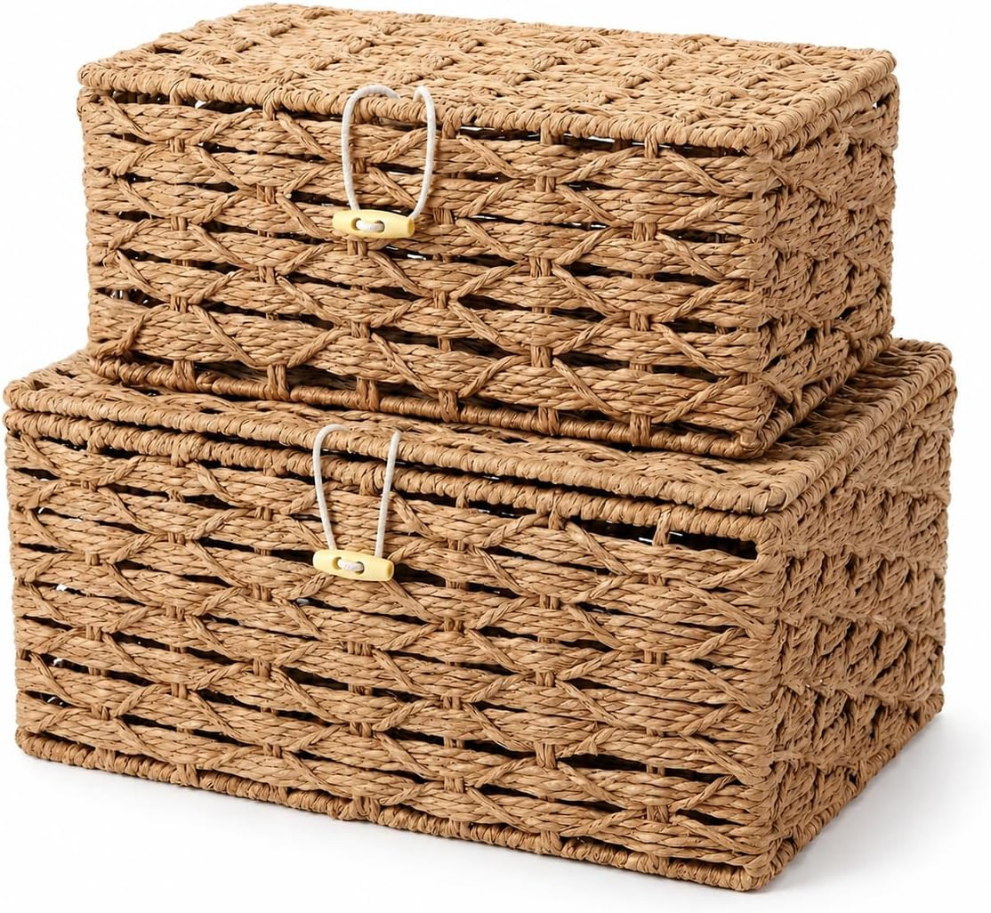 Woven Basket with Lid Set of 2, Small & Large Stackable Bins | Amazon (US)