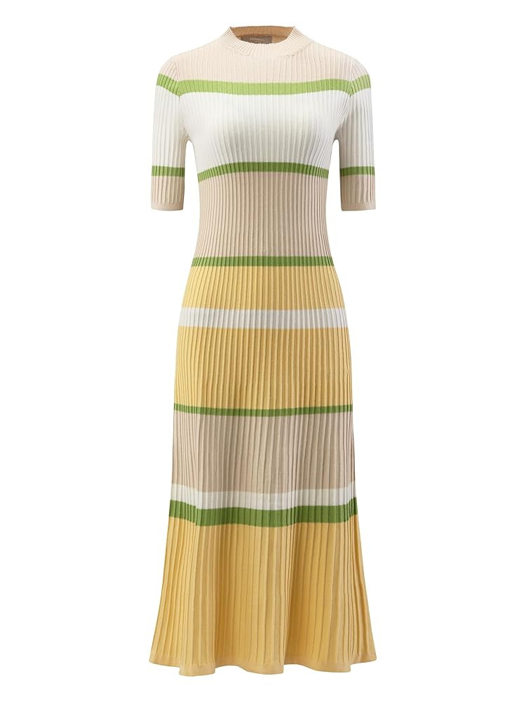 Women's Knit Striped Dresses Short Sleeve Midi Ribbed Sweater Dress | Amazon (US)