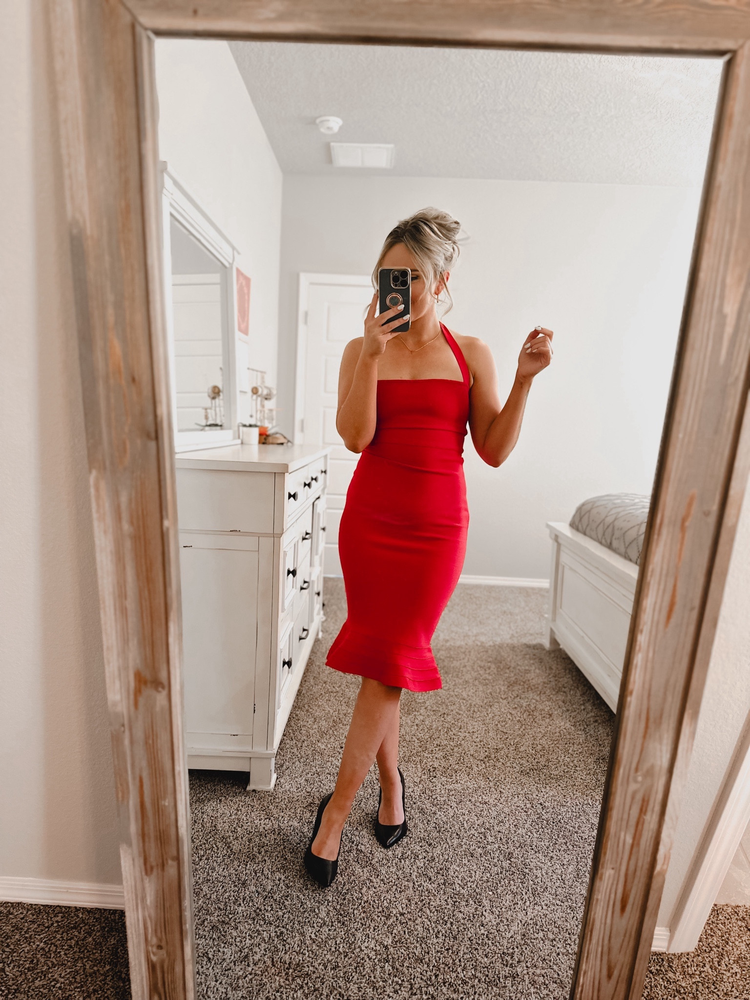 True to size, wearing a medium, very fitted but very stretchy, possibly maternity friendly to a point 

Valentine’s Day outfit outfits / date night / style styles / ootd mom fashion pink top jeans basic basics // non distressed light wash white boot booties / frilly girly flirty fun // sparkly backless exciting sexy date night dress mini red Amazon try on mirror selfie Amazon find finds red classy midi work 

#LTKfindsunder100 #LTKstyletip #LTKSeasonal