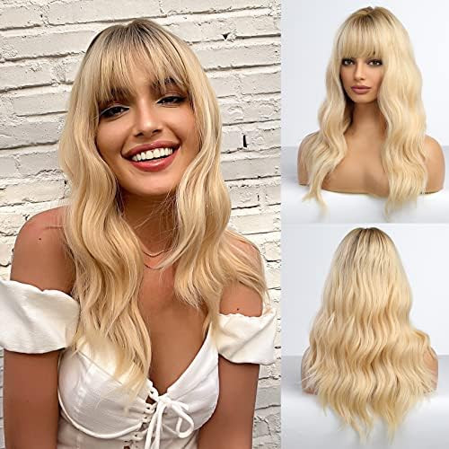 HAIRCUBE Long Wave Blonde Wigs With Bangs,Ombre Blonde Curly Wigs for Women Heat Resistant Synthe... | Amazon (US)