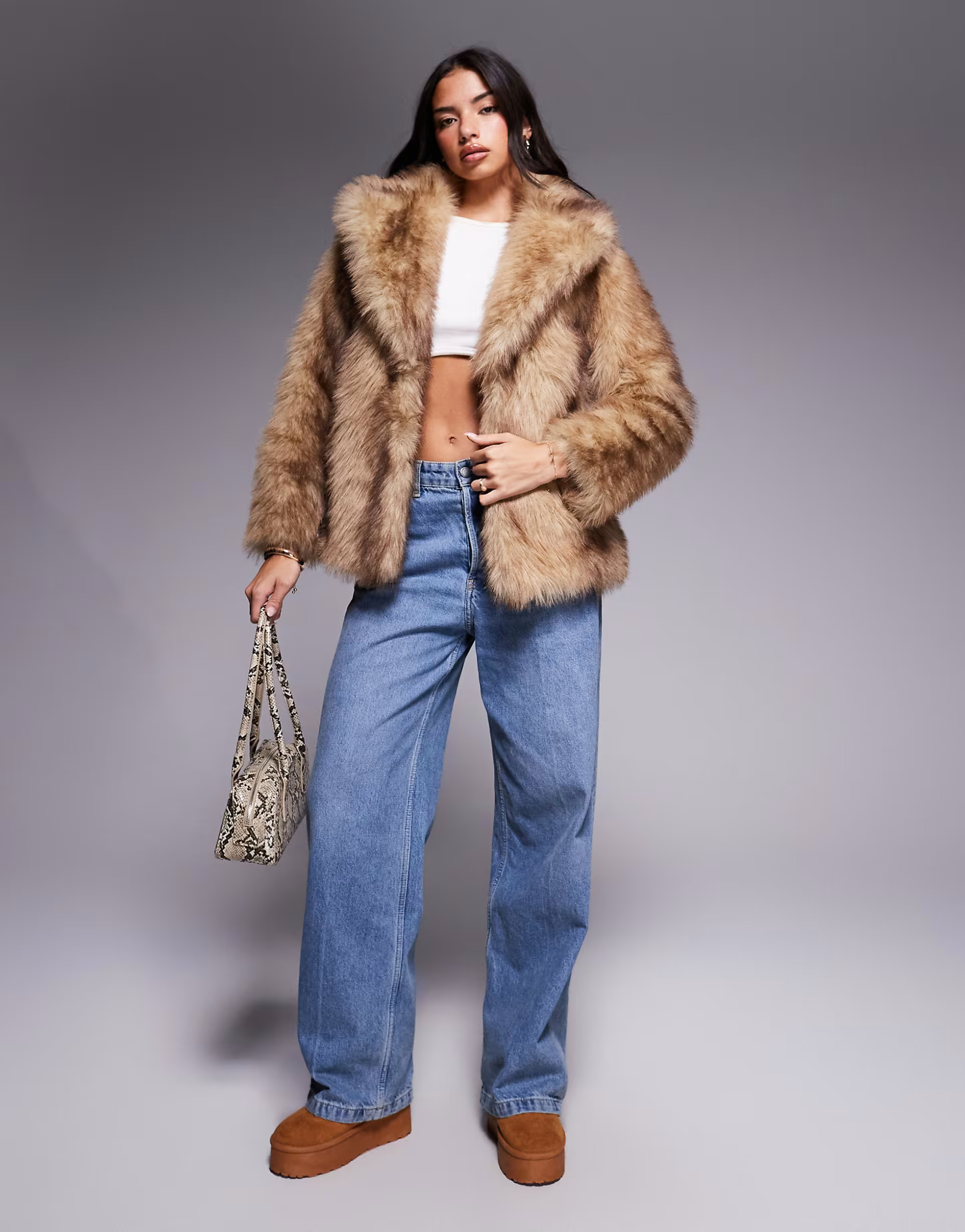 Threadbare faux fur jacket with oversized collar in light brown | ASOS (Global)