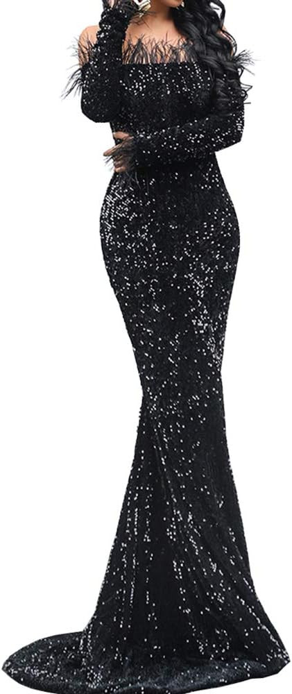 Lin Lin Q Sexy Off Shoulder Feather Long Sleeve Sequin Floor Length Evening Maxi Dress | Amazon (US)