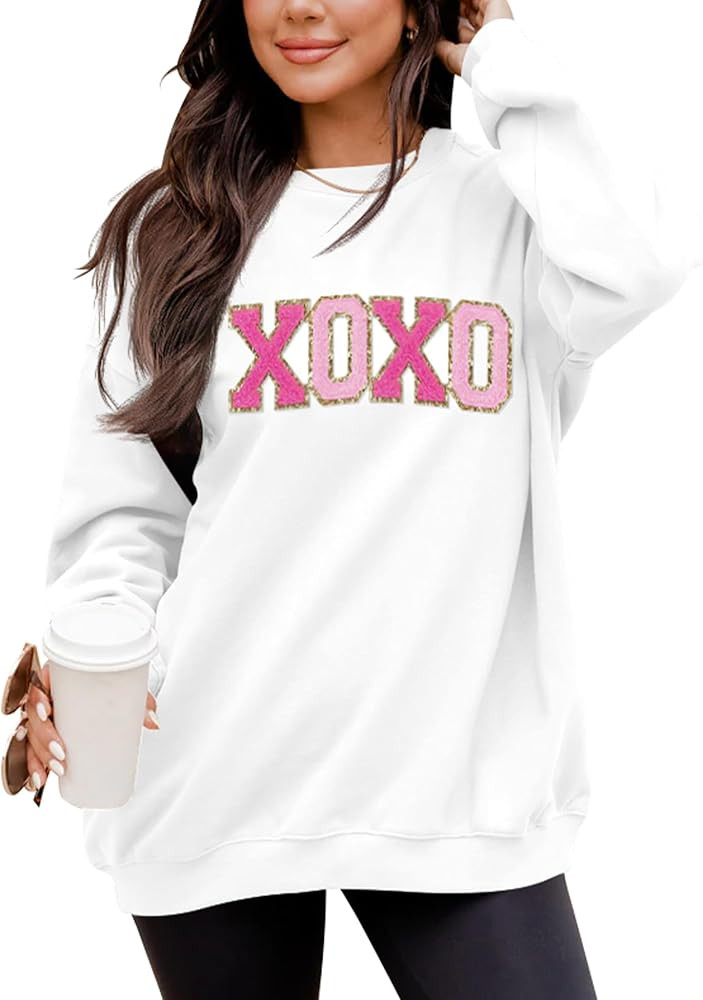 LETSEE Womens Valentine Crewneck Sweatshirt Letter Chenille Patch Long Sleeve Pullover Tops Overs... | Amazon (US)