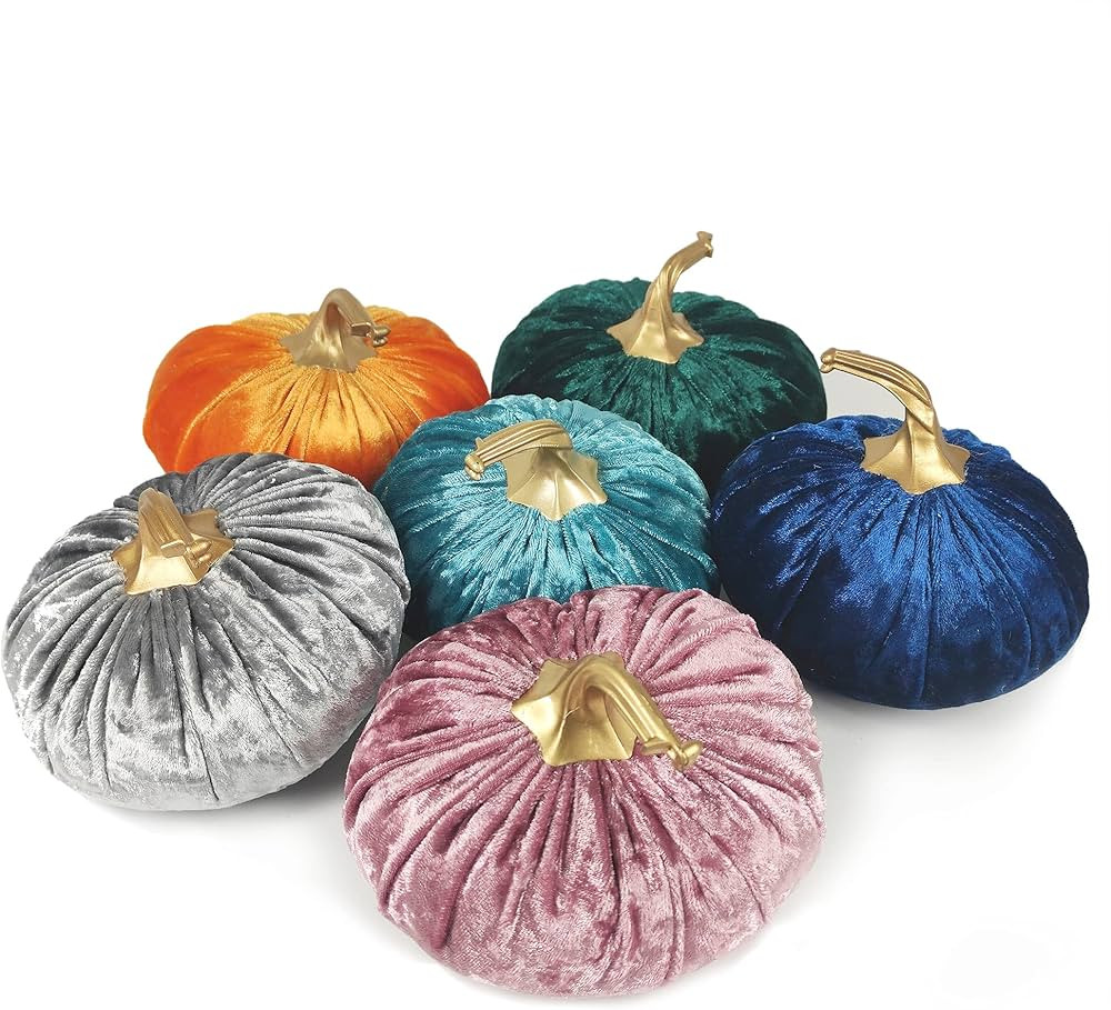 Ogrmar 6 Pack Velvet Artificial Pumpkins Set Velvet Fabric Decoration Pumpkins Lifelike Harvest P... | Amazon (US)