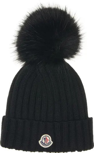 Moncler Virgin Wool Rib Beanie with Faux Fur Pompom | Nordstrom | Nordstrom