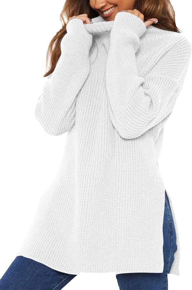 Sovoyontee Women's Long Sleeve Mock Neck Side Split Chunky Oversized Knit Pullover Sweater | Amazon (US)