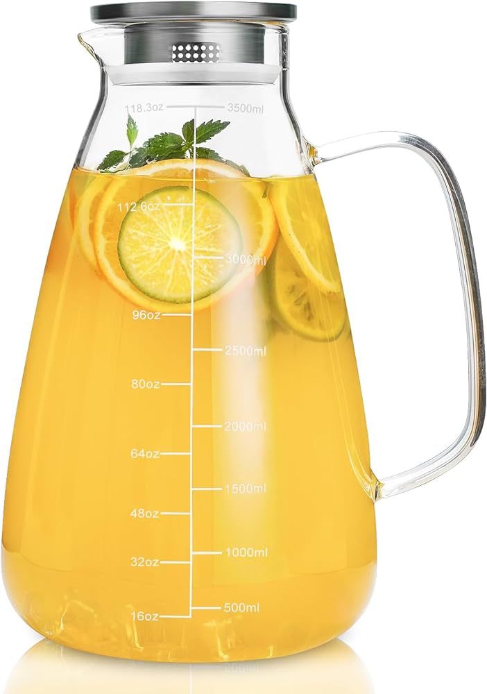 Glass Pitcher With Lid, 125oz Glass Water Pitcher With Precise Scale Line, HOIDGUB Stainless Stee... | Amazon (US)