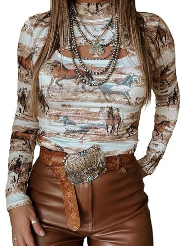 Melliflo Womens Wild Horses Print Western Shirt Hollow Out Mock Neck Western Top Long Sleeve Tops for Women 2024 Brown | Amazon (US)