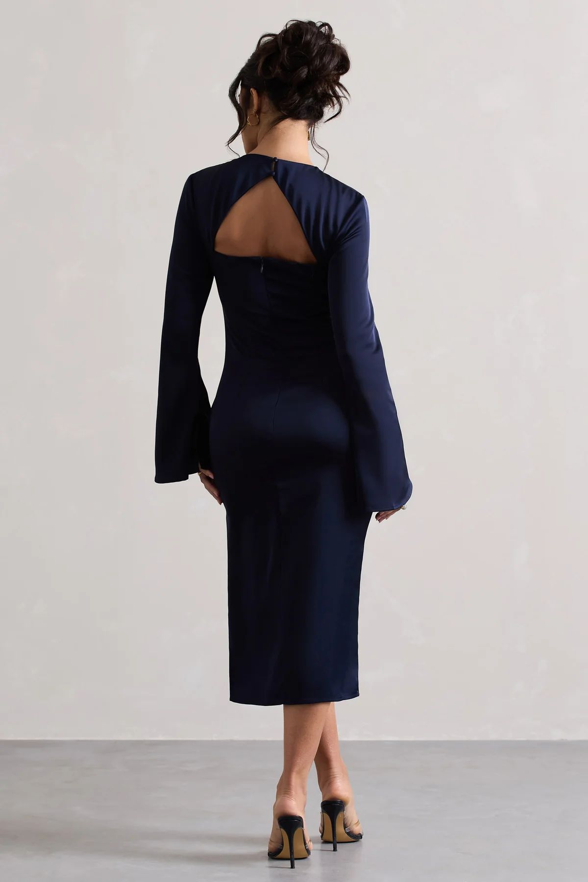 Zaina | Navy Long Sleeve Midi Dress with High Neckline | Club L London