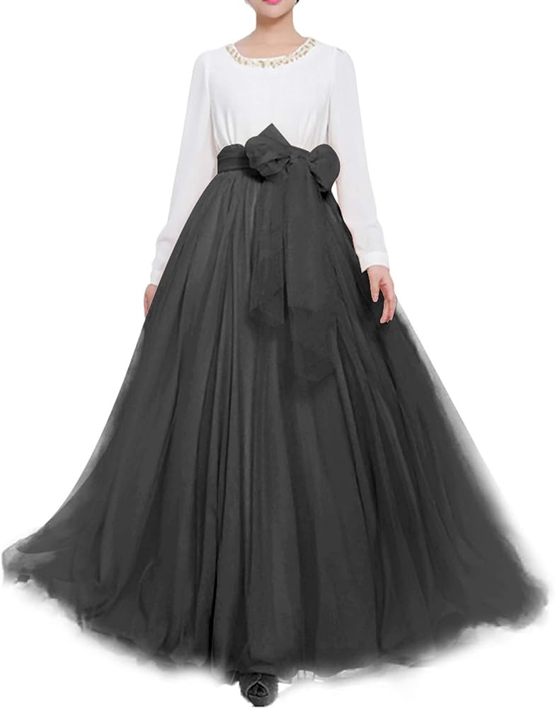 Women Wedding Long Maxi Puffy Tulle Skirt Floor Length A Line with Bowknot Belt High Waisted for ... | Amazon (US)