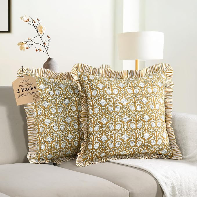 CPC Mustard Regal Hand Block Print 100% Cotton Ruffle Throw Pillow Cover 18x18 inch with Hidden Z... | Amazon (US)