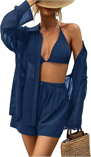 SOLY HUX Women's Summer Vacation Short Set Halter Crop Top and Shorts with Mesh Button Down Shirt... | Amazon (US)