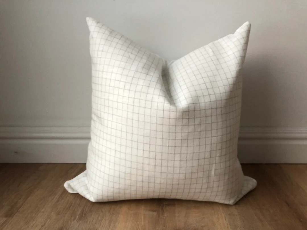 Designer Fabric Windowpane Check Linen Pillow Cover Gray Stone - Etsy | Etsy (US)