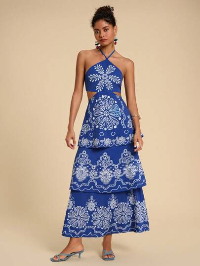 Travachic 1pc Women's Vacation Chiffon Blue Floral Print Backless Halter Dress,Summer Dresses For... | SHEIN