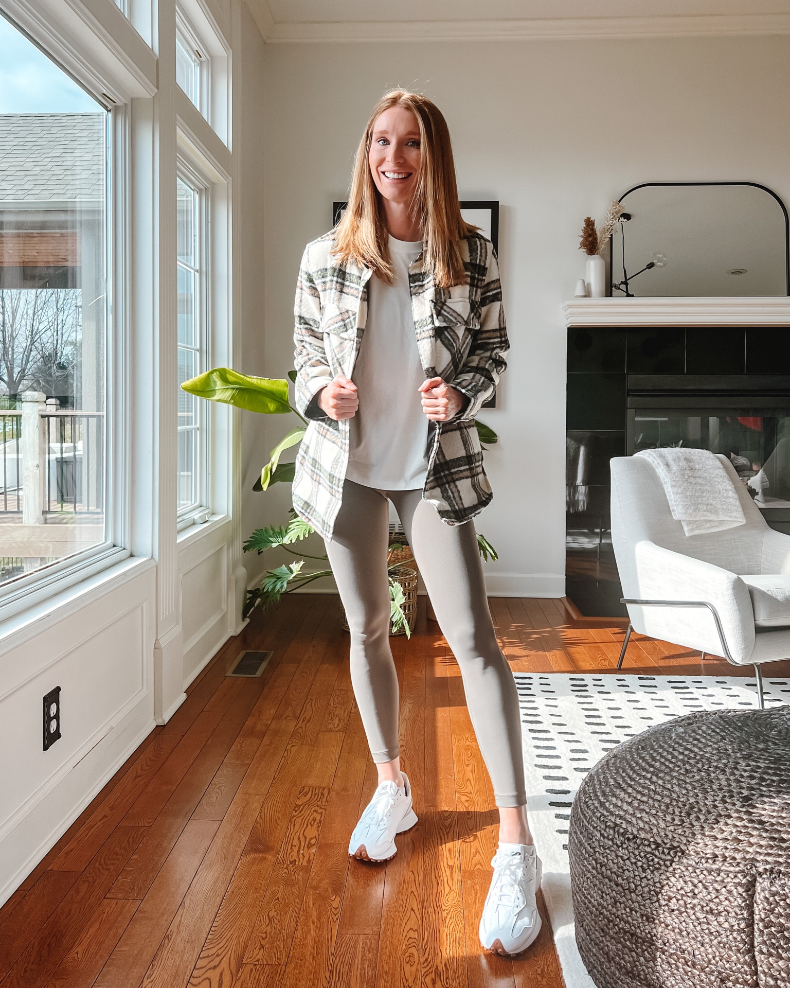 plaid shacket, lululemon, leggings, white tee, new balance sneakers