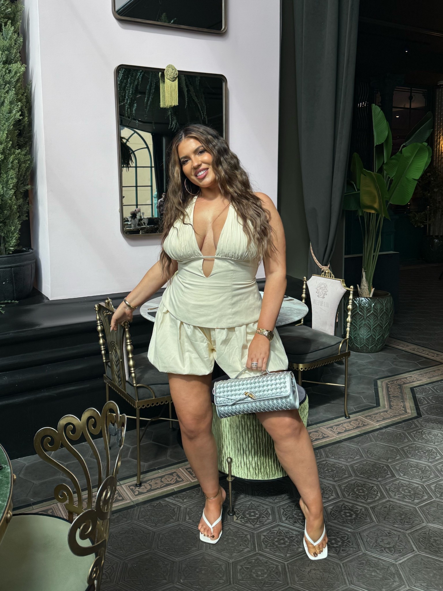 Brunch outfit! Wearing a L in both! True to size and stretching in the back of the halter!