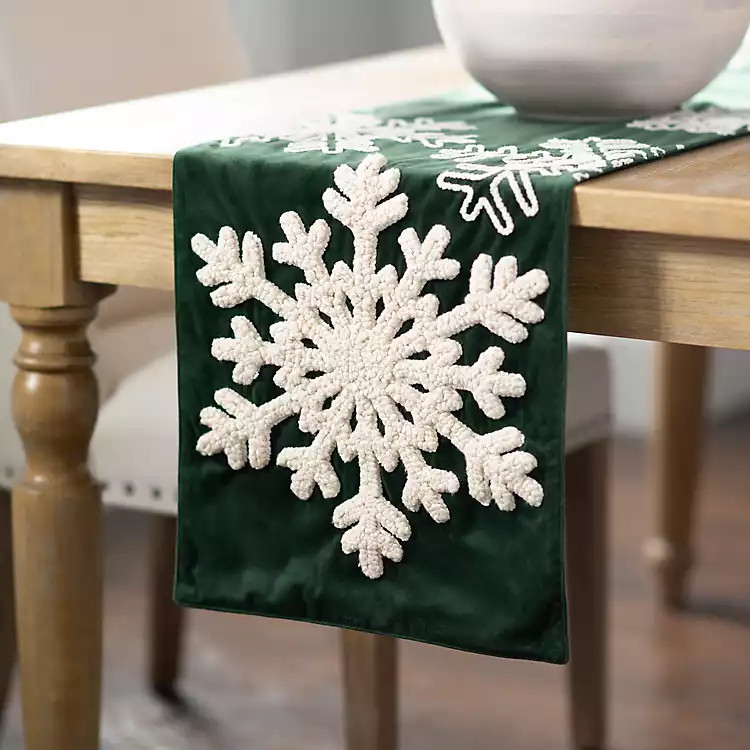 New! Green and White Embroidered Snowflake Table Runner | Kirkland's Home