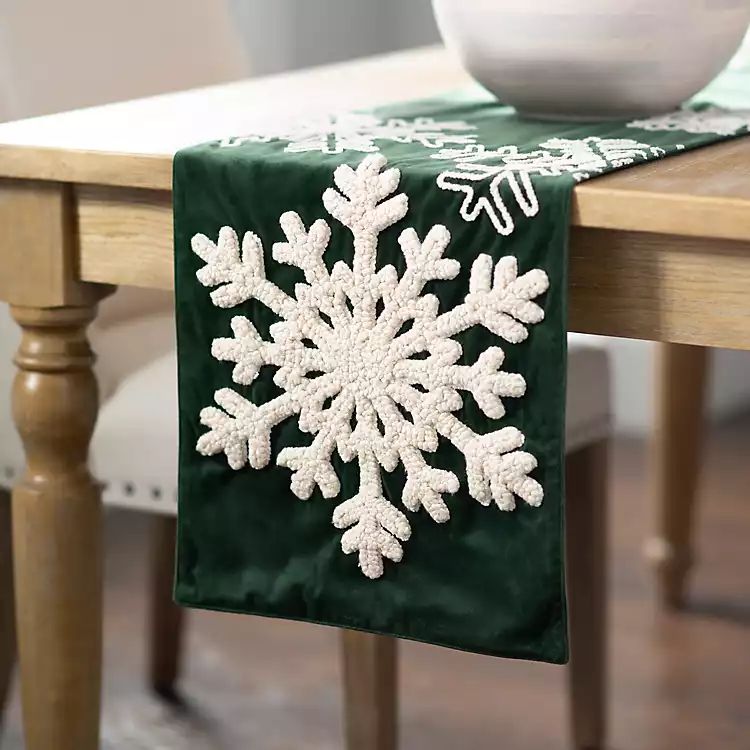 Green and White Embroidered Snowflake Table Runner | Kirkland's Home