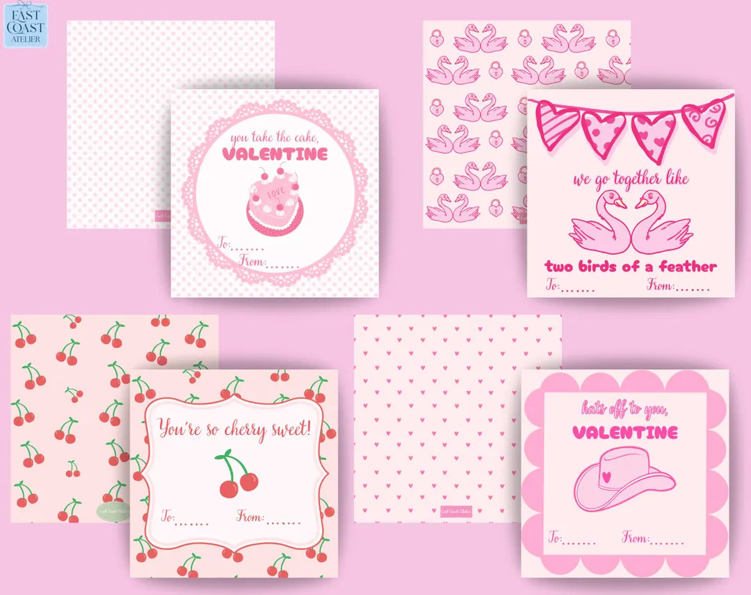 Coquette Valentine Cards for Kids | Pink & Red Classroom Exchange (set of 4) (digital Download) -... | Etsy (US)