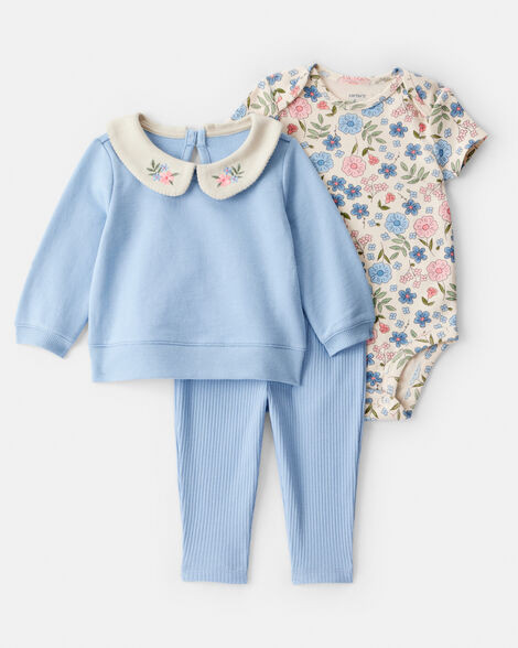 Baby Girl 3-Piece Floral Collared Cardigan Outfit Set - Blue | Carter's Inc