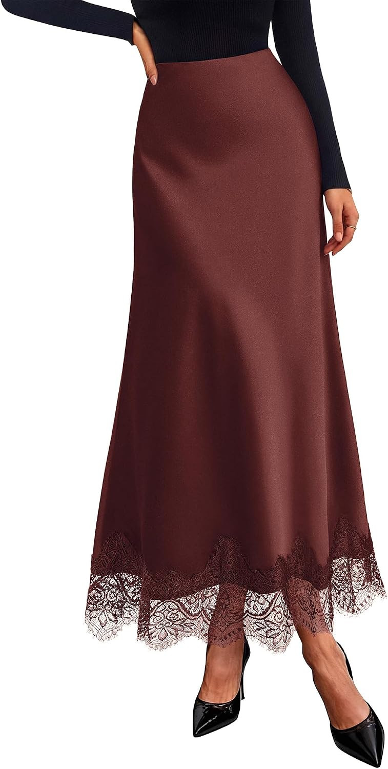 BTFBM Lace Trim Satin Skirts for Women Elegant | Amazon (US)