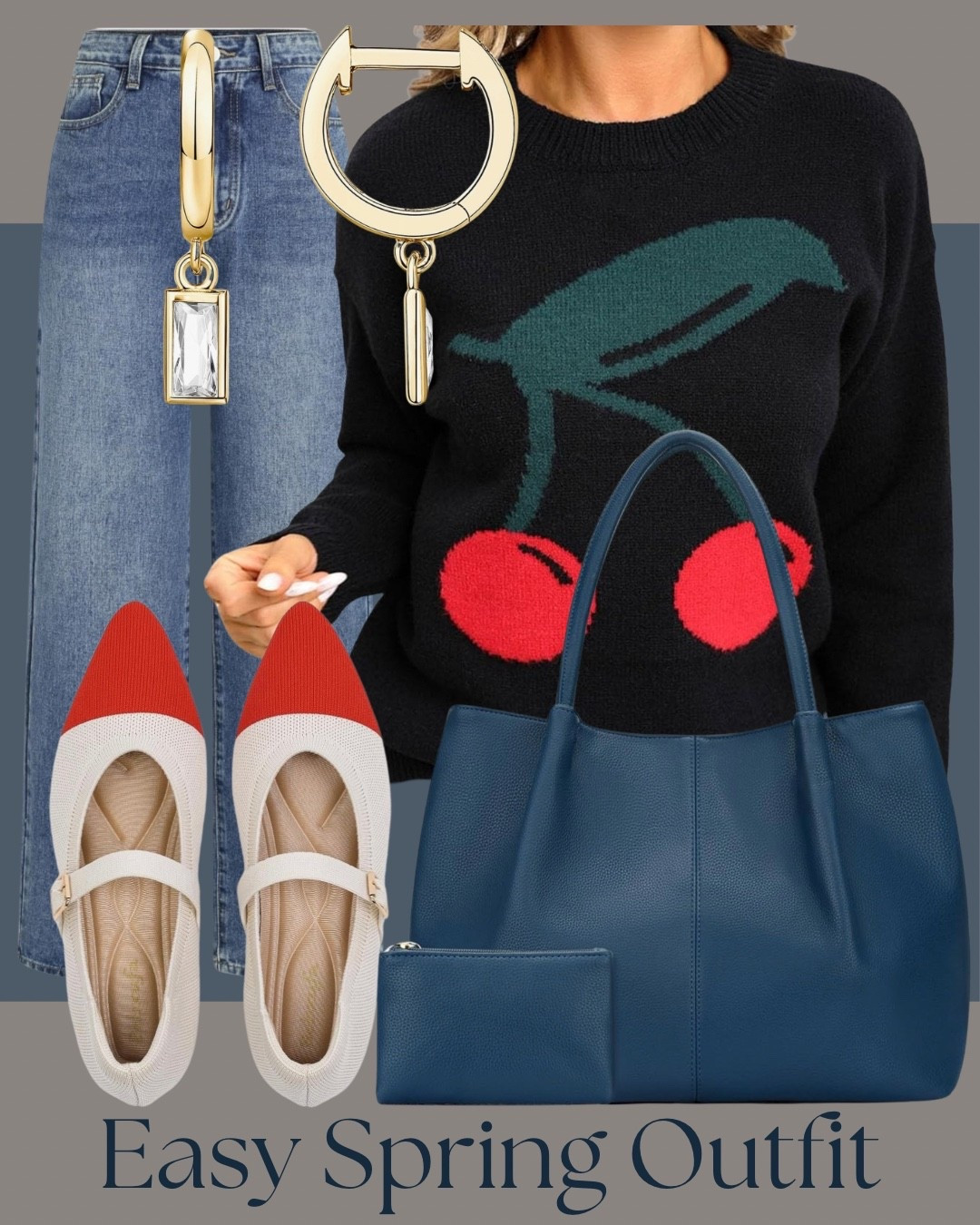 Cherry sweater outfit with straight leg jeans and red toe flats for spring.

This is one of those fun statement sweaters that does all the work. I kept it simple with classic denim, added red detail in the shoes, gold hoops, and a structured blue tote to pull everything together.

#springoutfit #casualstyle #everydaylook #ltkstyle #denimoutfit #affordablefashion

#LTKootd