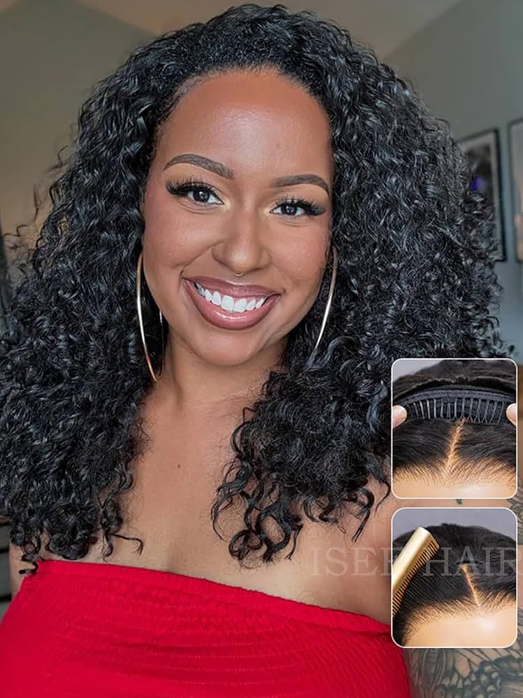 ISEE Half Wig Human Hair Water Wave Human Hair Glueless Wigs Seamless Clip Ins Flip Over Wear Go ... | Amazon (US)