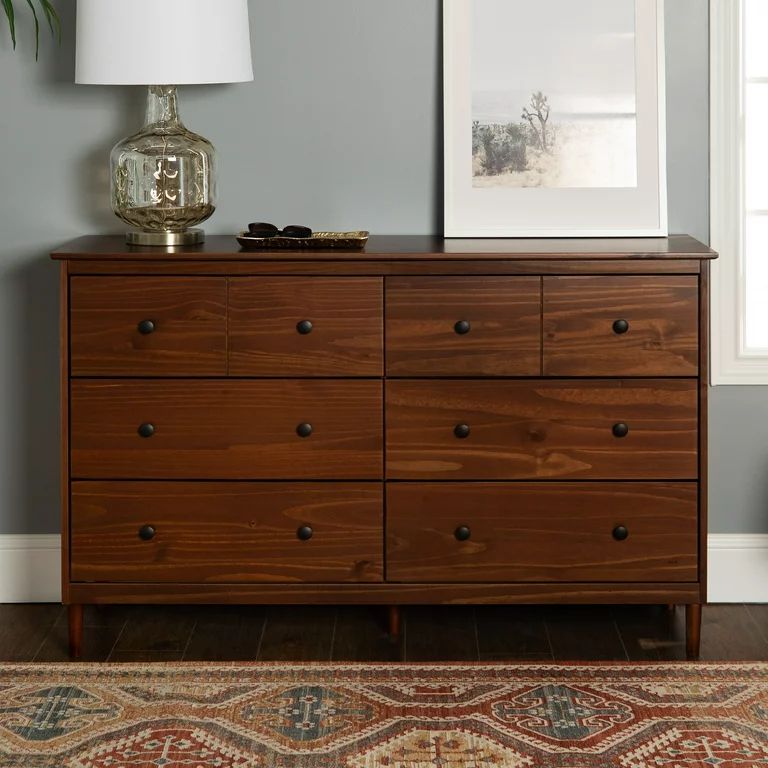 Manor Park Classic Mid-Century Modern 6-Drawer Solid Wood Dresser, Walnut | Walmart (US)