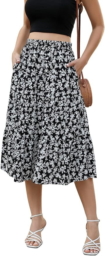 Lyrur Women's Floral Midi Skirt with Pockets High Elastic Waist Flowy Ruffle Casual Summer Boho A... | Amazon (US)