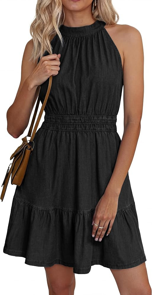 BerryGo Womens Halter Denim Dress Summer Jean Dress Soft Lightweight Flowy A-Line Casual Boho Min... | Amazon (US)