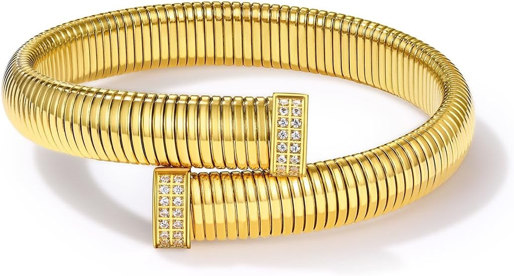 KeyStyle Bangle Bracelets for Women, Stainless Steel Stretch Bracelet Flexible Wide Link Chain Go... | Amazon (US)