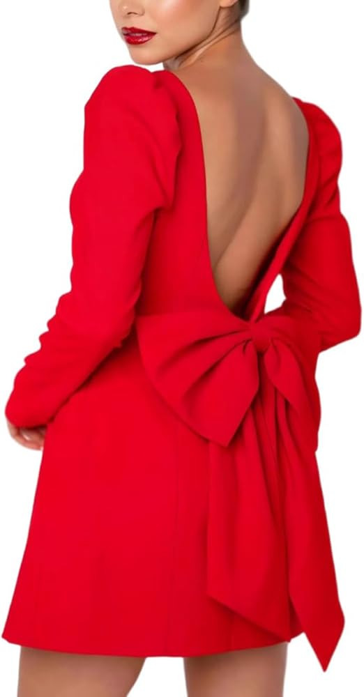 Apvirdy Womens Square Neck Casual Mini Dress Long Sleeve Bow Tie Backless Wedding Guest Party Coc... | Amazon (US)