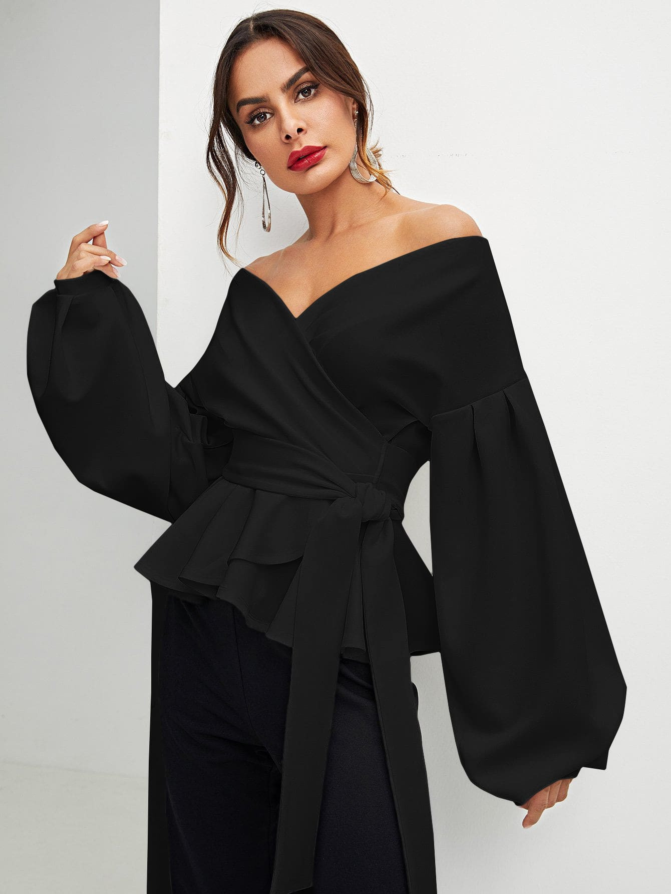 SHEIN Modely Off Shoulder Lantern Sleeve Wrap Belted Blouse | SHEIN