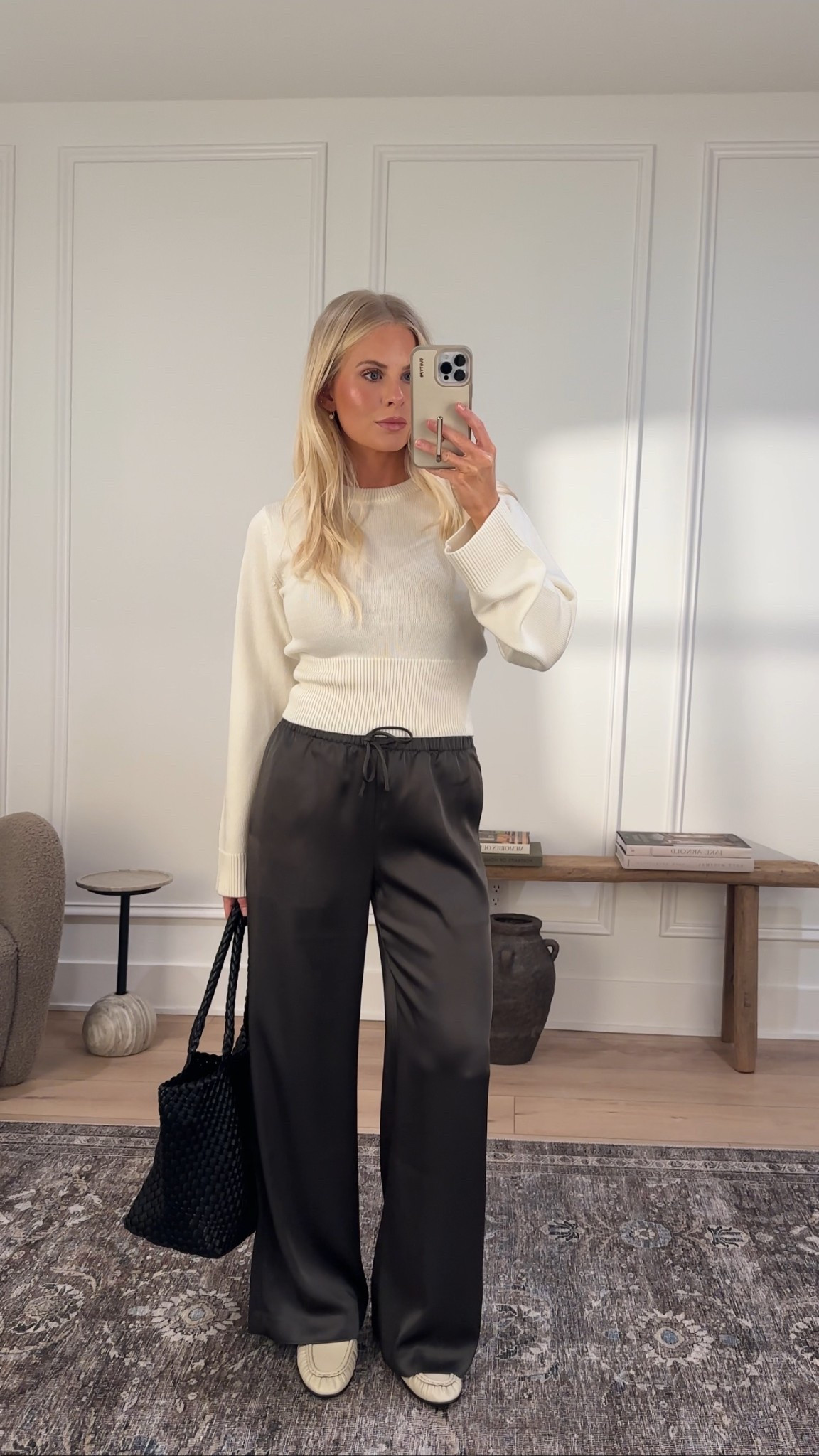 Size small top (color: light birch), size small regular pants (color: dark olive) #kathleenpost

Early fall outfit, structured sweater, satin pants, comfy fall outfit 